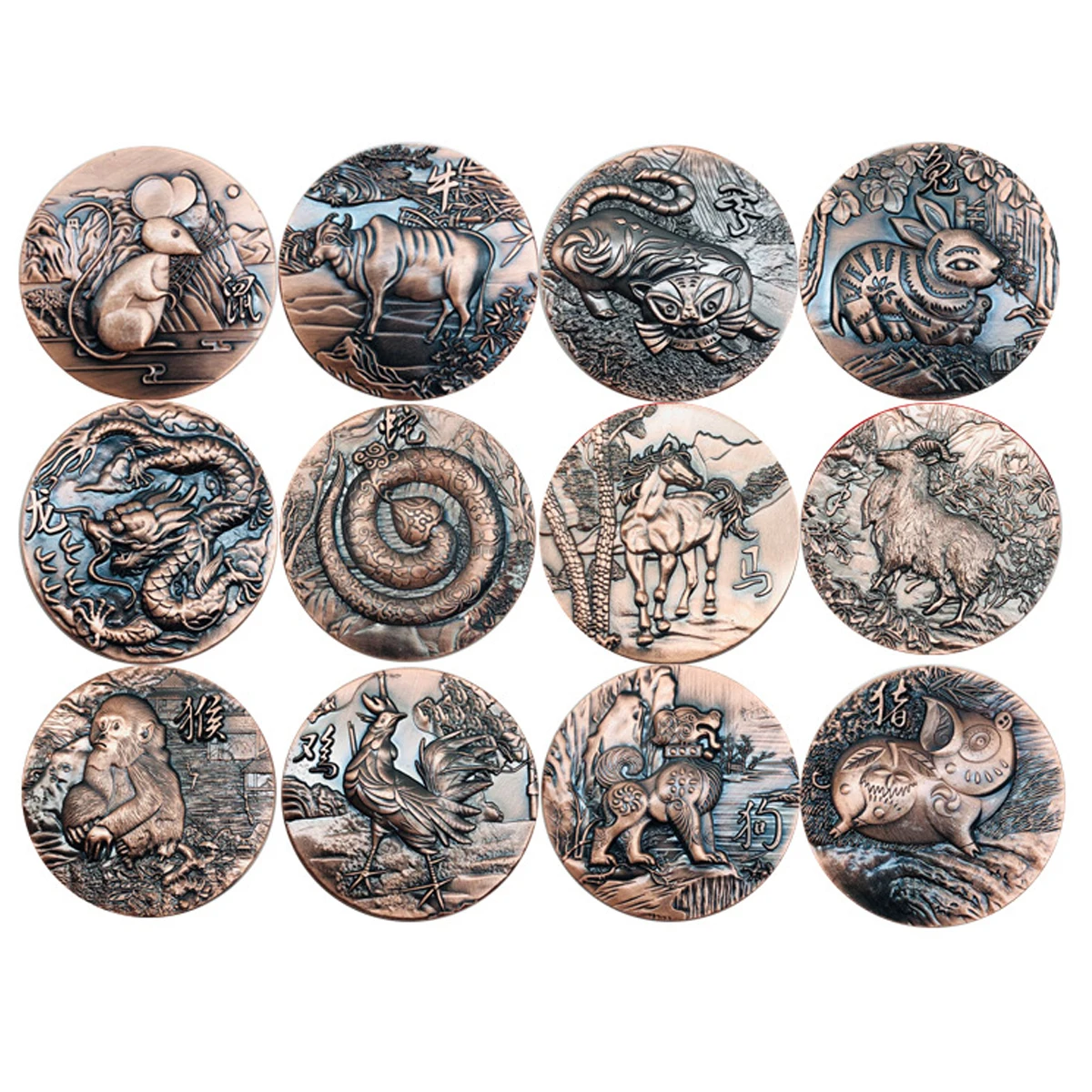 

12PCS 3D Bronze Medal Animal Coin Dragon Tiger China Zodiac Bronze Relief 2022 New Year Gift Commemorative Coins Collection