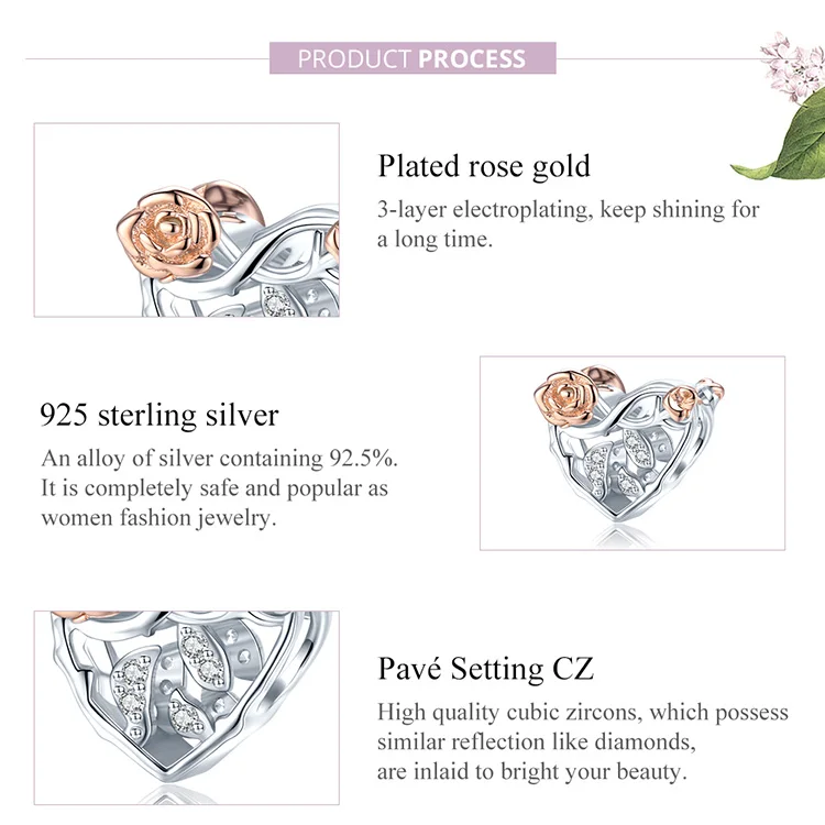 

925 Sterling Silver Charm rose original Bracelet PULSERA DIY jewelry lady beads