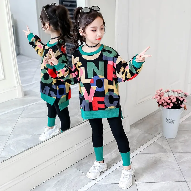 

Girls Clothes Suit Kids Spring Fall Clothing Fashion Casual Children's Letter Sweater+Leggings 2pcs Set Sports Outfits 3-12 Year