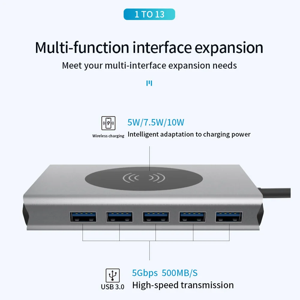 

13-in-1 USB C Hub Adapter Type C to HDMI-Compatible SD/TF/RJ45/VGA/AUDIO/PD and Ethernet 5 USB 3.0 Ports Usbhub for MacBook
