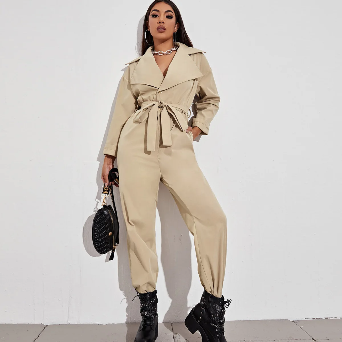

Women High Waist Slim Straight Lace Up Long Sleeve Casual Khaki Jumpsuit