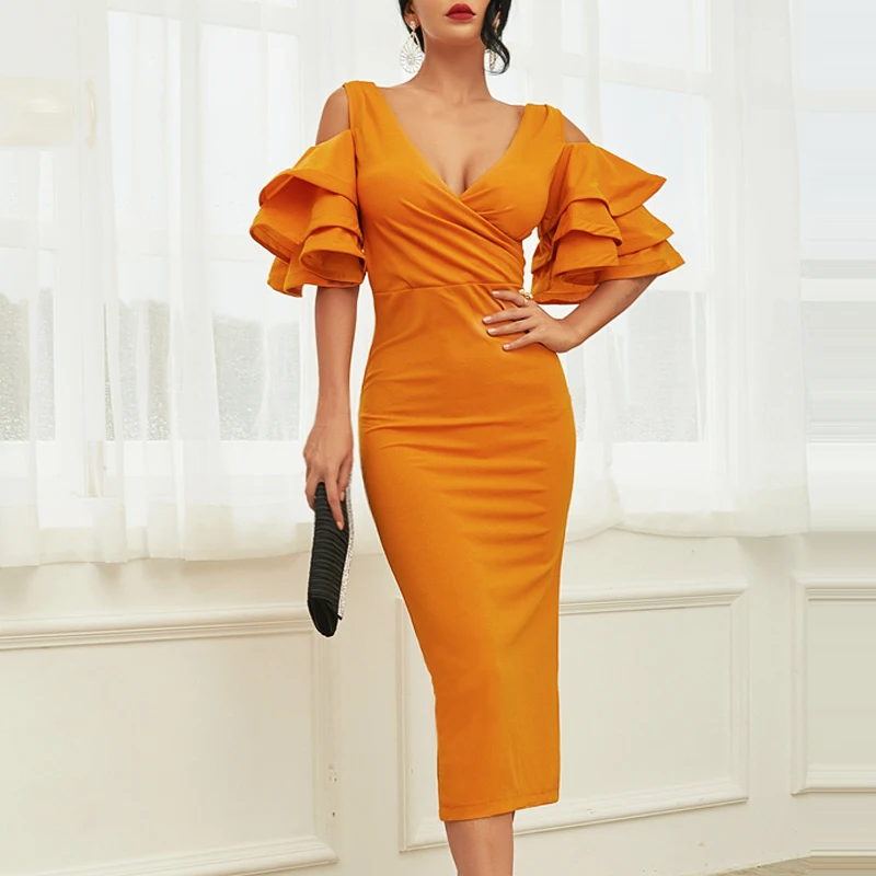 INDRESSME Новое Женское желтое платье с рюшами и бабочкой с коротким рукавом, летнее платье с v-образным вырезом, вечерние платья знаменитостей, Клубное платье миди