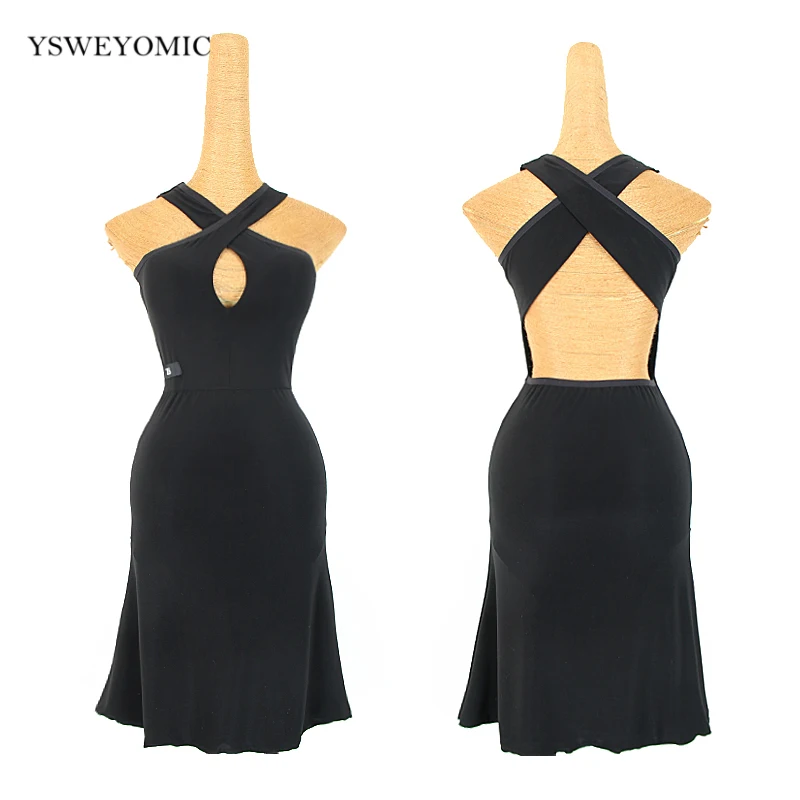 

Girls Latin Ballroom Dress Samba Dancing Costume Halter Polyester Soft Material Hollow Sexy Dance Dress With Chest Pad L294