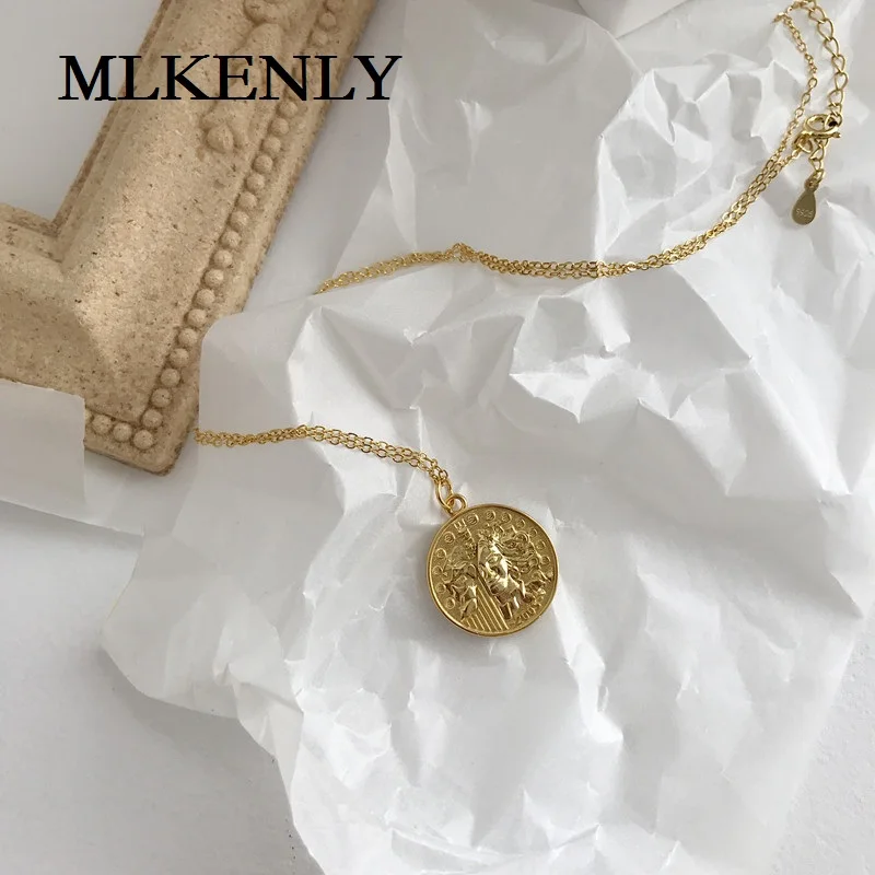 MLKENLY, 925 пробы, серебряное, INS, простой дизайн, Забавный портрет, круглая монета, ожерелье для женщин, удача, ювелирное изделие, новинка