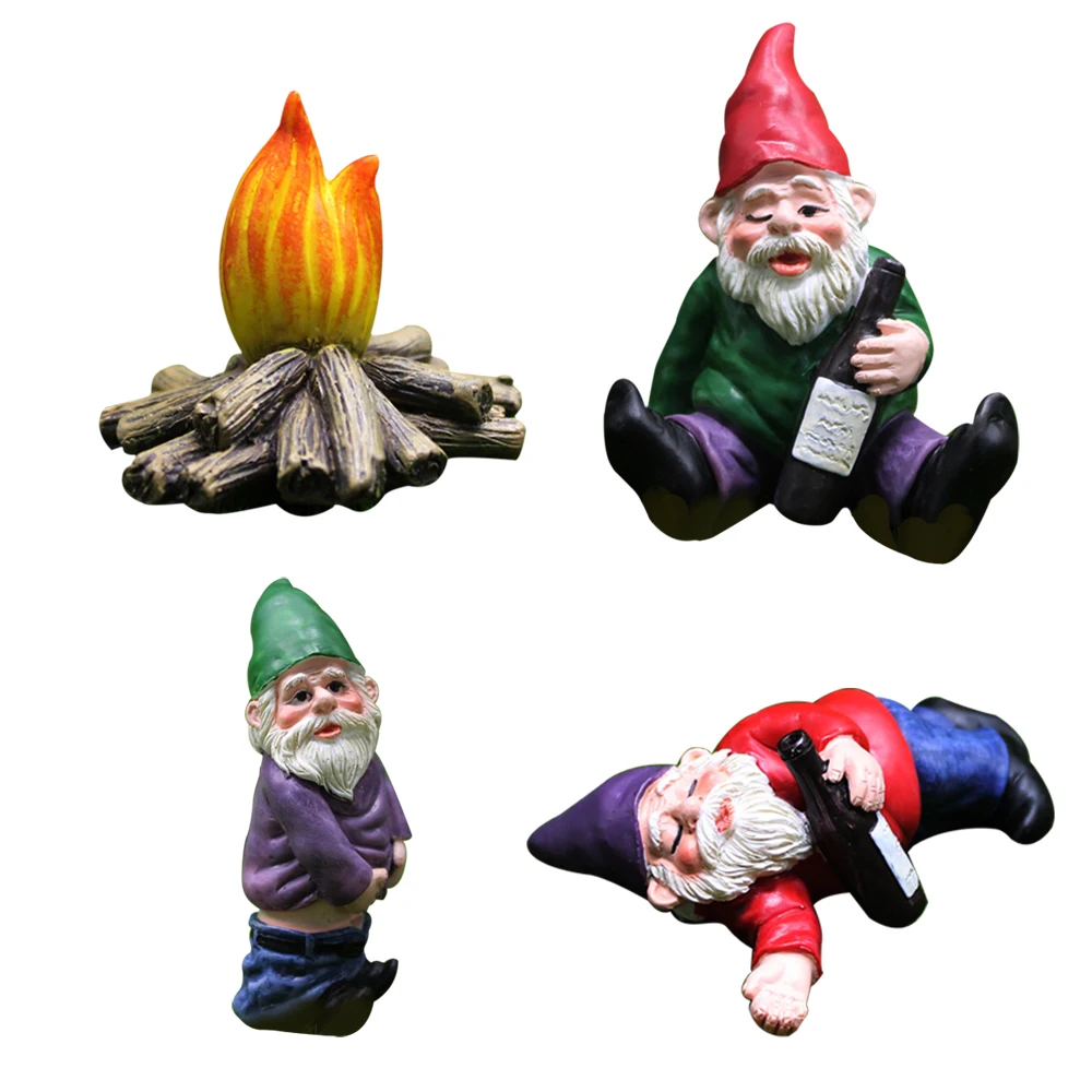 

4pcs Fairy Garden Drunk Gnomes Miniature Ornaments Set Mini Dwarf Bonfire Statues for Planter Flowerpot Decor Accessories