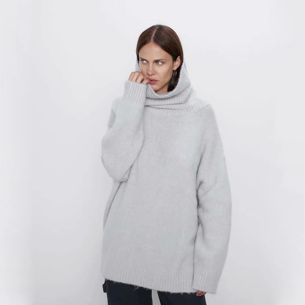 ZA 2019 Women's Sweater Loose High Collar Layered long Sleeve Pullover Blue Pink Gray Wild Outside | Женская одежда