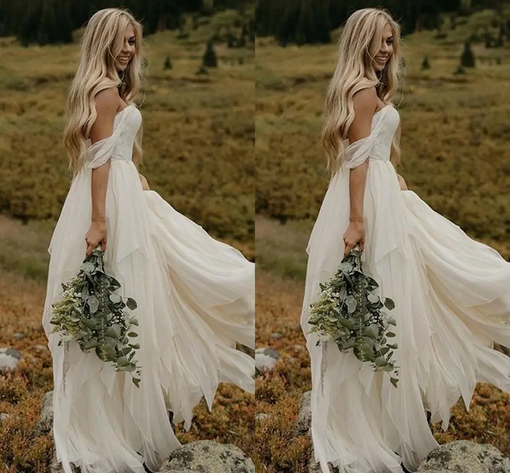 

Женское платье с открытыми плечами, кружевное пляжное свадебное платье в стиле бохо, шифоновое свадебное платье с оборками, 2020