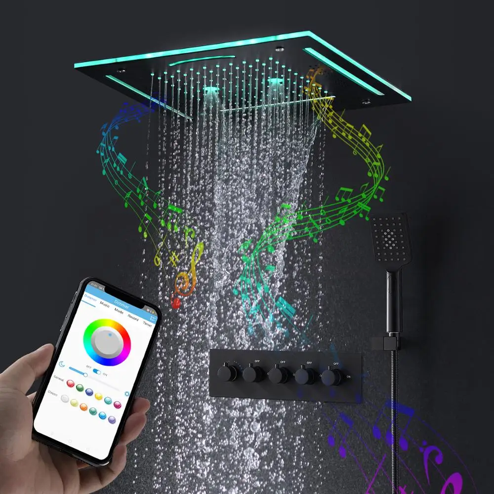 Modern Bluetooth Music LED Shower Set Matte Black Waterfall Rain Head System Bathroom Thermostatic Mixer Faucets | Обустройство дома