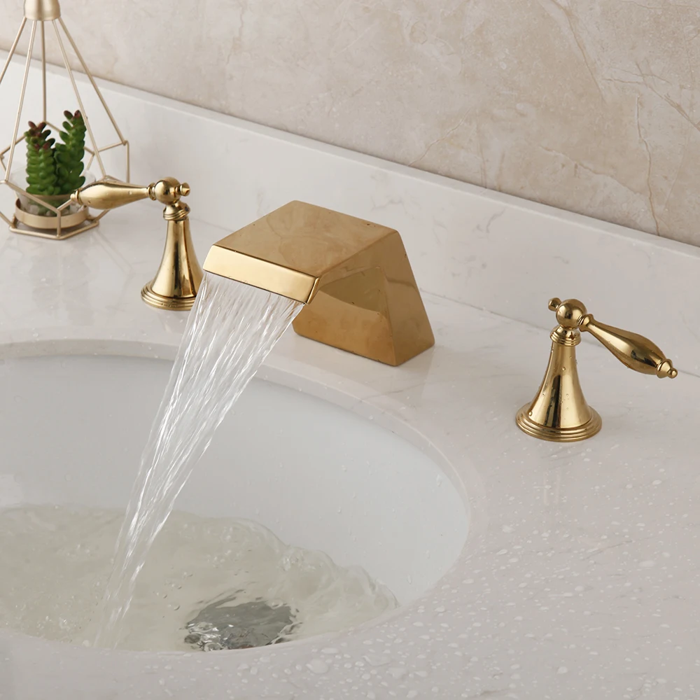YANKSMART 3 Pcs Golden Plated Bathroom Bathtub Faucets Waterfall Spout Dual Handles Faucet Deck Mount Hot &amp Cold Mixer Water Tap |