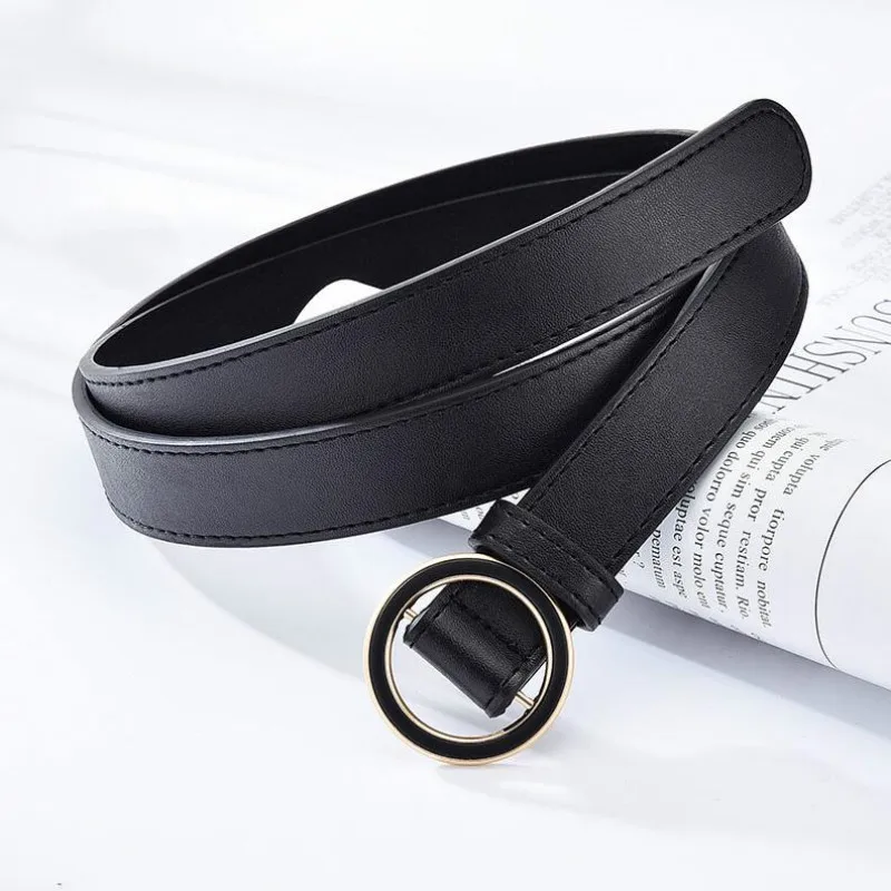 Ремень женский из искусственной кожи гладкий пояс с круглой пряжкой сплава без