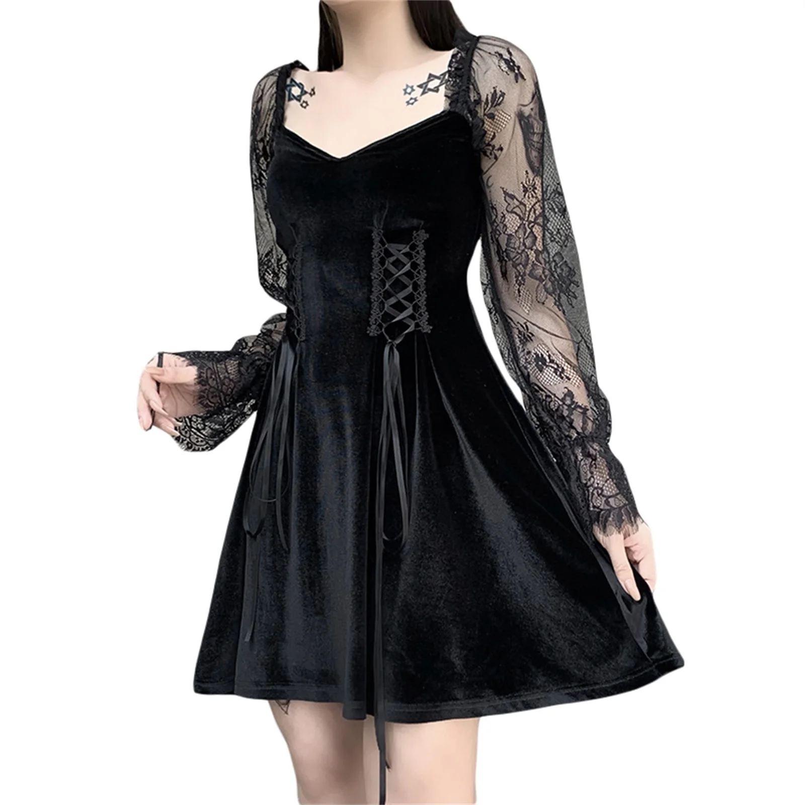 

Women Sexy Lace Hem Dress, Black Square Collar Long Sleeve Tie-up piece, S/ M/ L/ XL