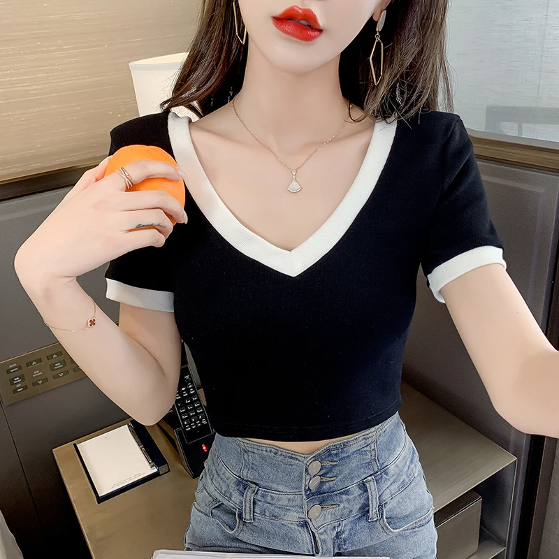 Новинка лета 2021 цветная контрастная Футболка с V-образным вырезом Женский