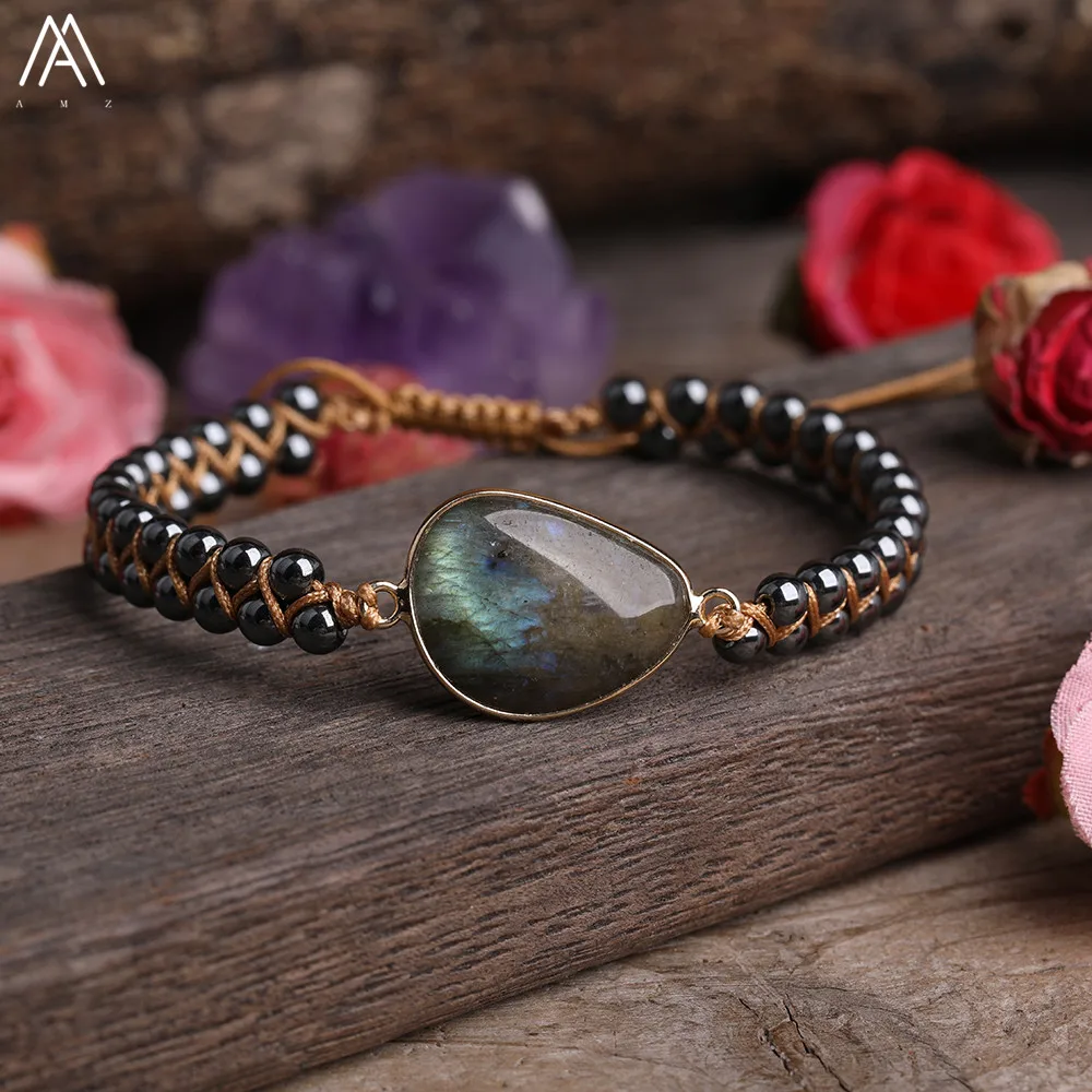 

Natural Stone Heart Charms Beads Yoga Bracelet Labradorite Quartz Beads Knotted Braided Bracelet For Women Friendship Jewelry