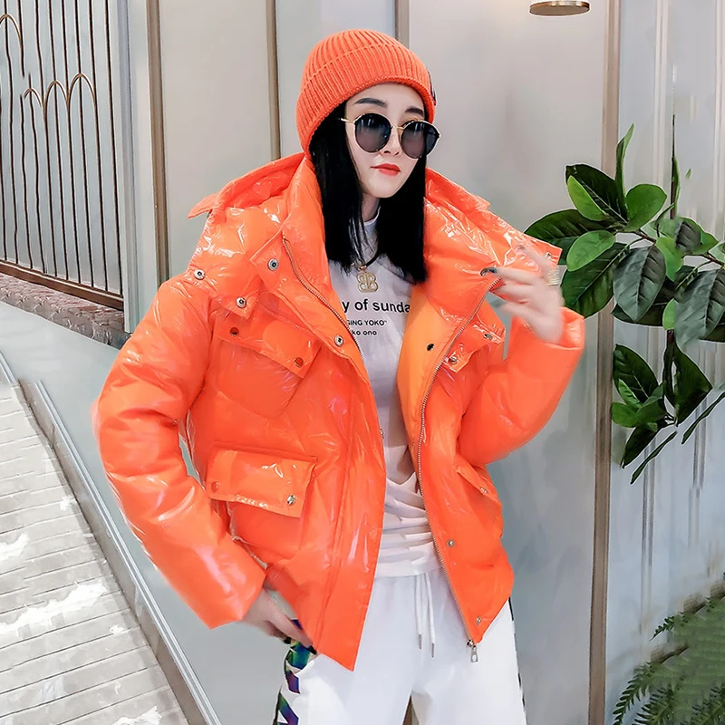 Candy Colors Short Removable Hooded Glossy Down Autumn Winter Women Loose Big Pocket Cotton Padded Parka Coat Casual Long Sleeve