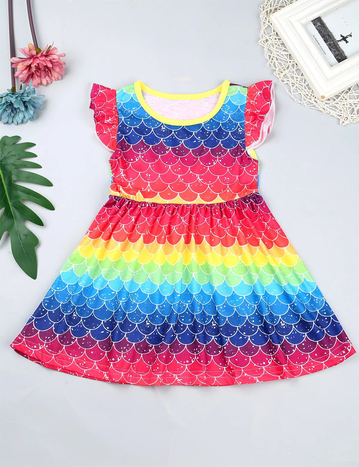 Летнее милое платье с рукавами-крылышками радужным принтом ночные рубашки для