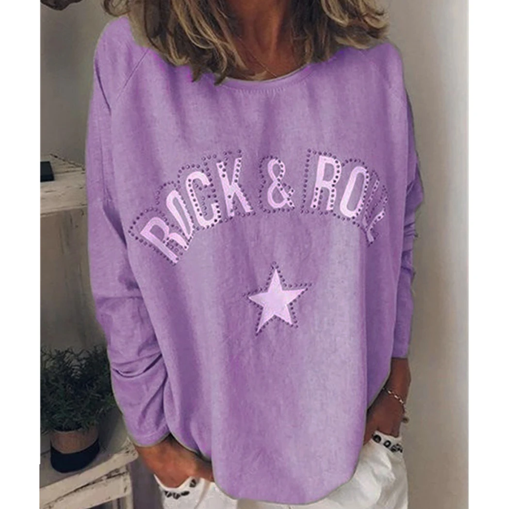 Vintage Harajuku Outwear T-Shirts For Women 2019 Autumn Winter Rhinestone Letter Printed Solid T-Shirt Casual Tees Top Femme | Женская