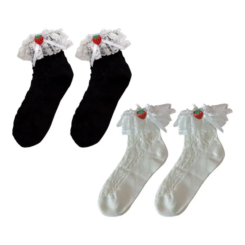 

Japanese Female Sweet Lolita Hollow Out Cotton Ankle Socks Cute Strawberry Bowknot Ruffles Lace Jacquard Student School Hosiery