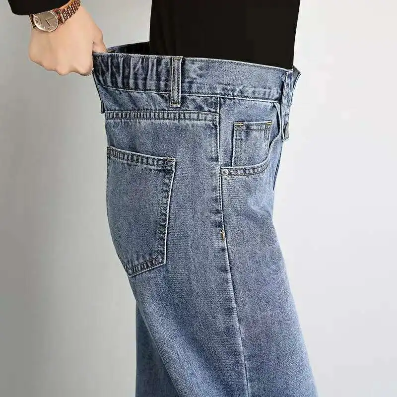 

High waisted new style Elastic Waist Wide Leg Jeans female retro student loose straight tube show thin draping feeling