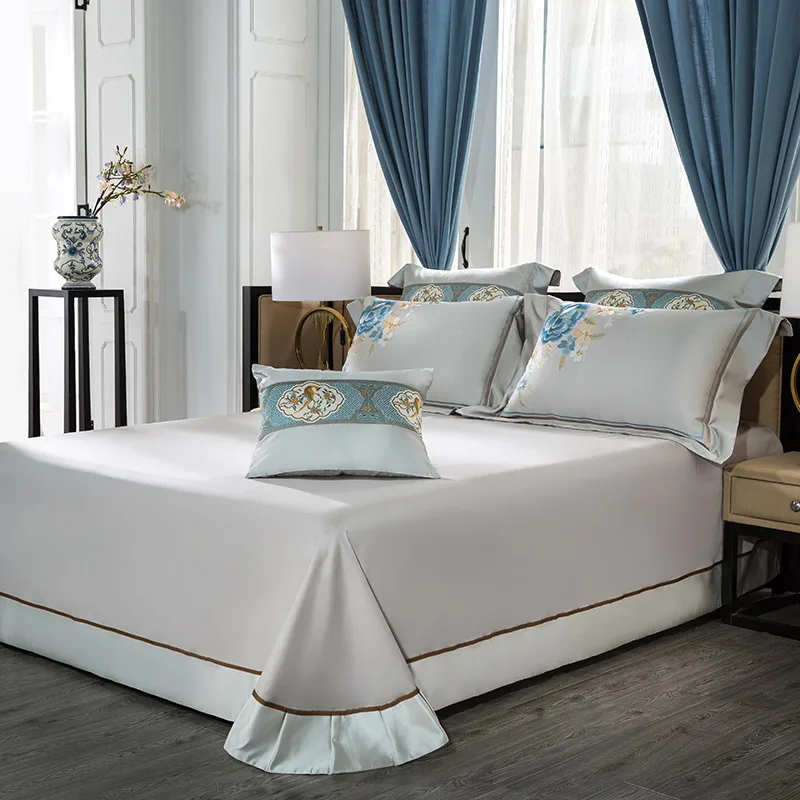 

Luxury Silver Gray Egyptian Cotton Flowers Embroidery Wedding Bedding Set Satin Silky Duvet Cover Bed Sheet Bedspread Pillowcase