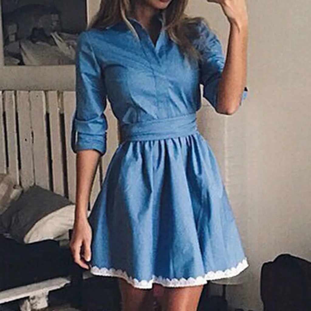 Женское джинсовое мини платье в винтажном стиле с отложным воротником рукавом