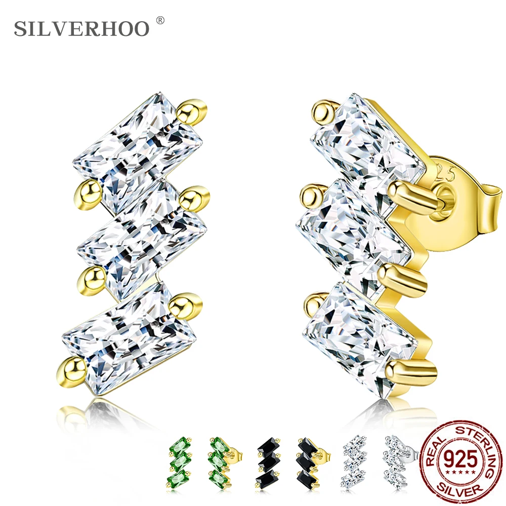 

SILVERHOO S925 Sterling Silver Earrings For Women Square Cubic Zirconia Fine Jewelry Dating Charming Stud Earring Hot Sale Gift