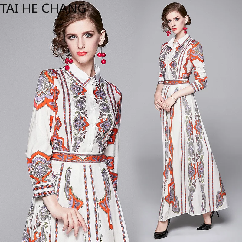 

Women Dress New Fashion Retro Spring Summer Elegant Slim Bodycon Vintage Party Runway Print Shirt Office Work Maxi Dresses