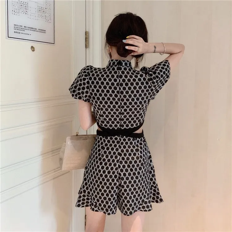 Лидер продаж женский комбинезон с коротким рукавом принтом в клетку широкими