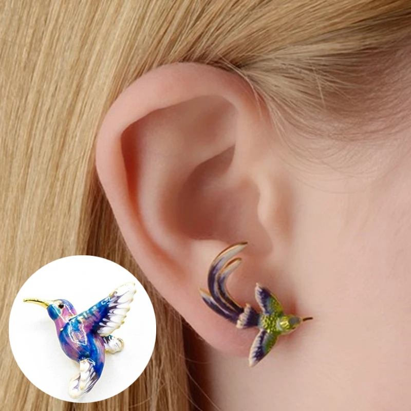 

New Style Cute Universal Flying Hummingbird Painting Oil Earrings Fashion Animal Jewelry Stylish Simplicity Female Earrings