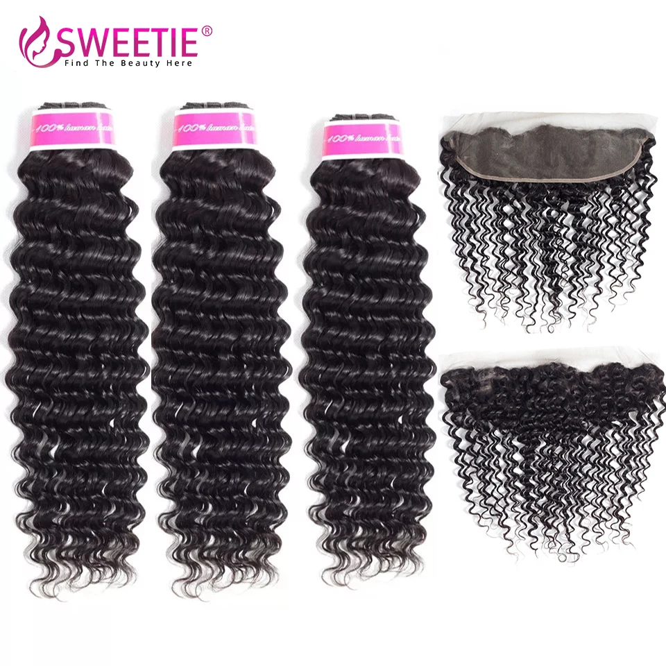 Sweetie Malaysian Deep Wave Hair 13x4 Lace Frontal Closure With Bundles Non-remy Human Hair 3 Bundles With Frontal Closure