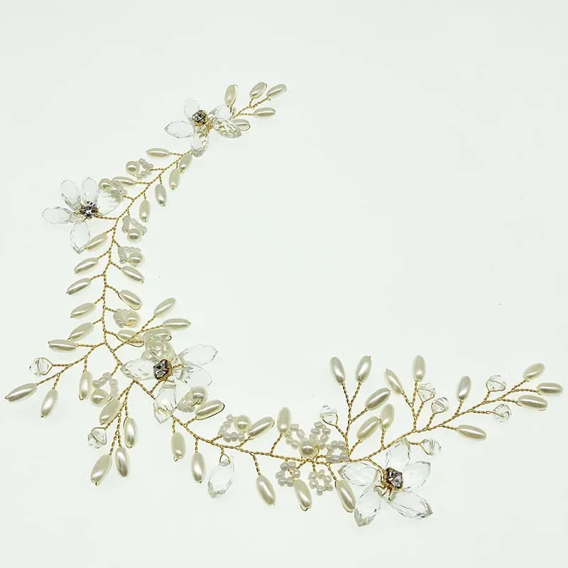 Повязка на голову SLBRIDAL с золотыми кристаллами стразами жемчугом цветами и