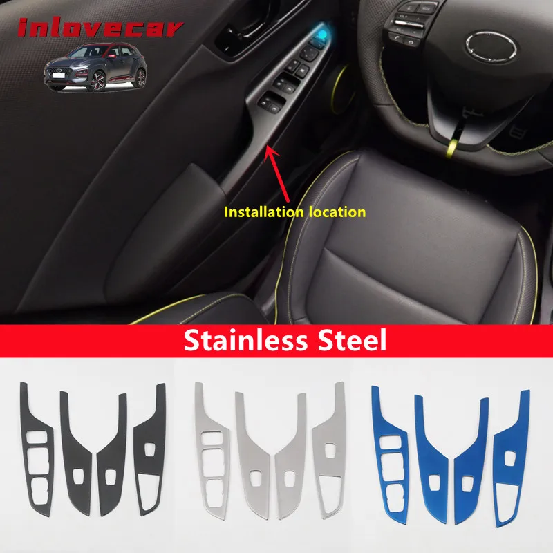 

Stainless Steel For Hyundai Kona Kauai Encino 2017 2018 2019 2020 Car Window Lift Door Armrest Glass Button Switch Accessories