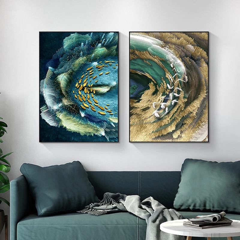 

Abstract Golden Birds Fish Pond Wall Art Canvas Poster and Print Modern Artwork Canvas Painting Living Room Nordic Decoration