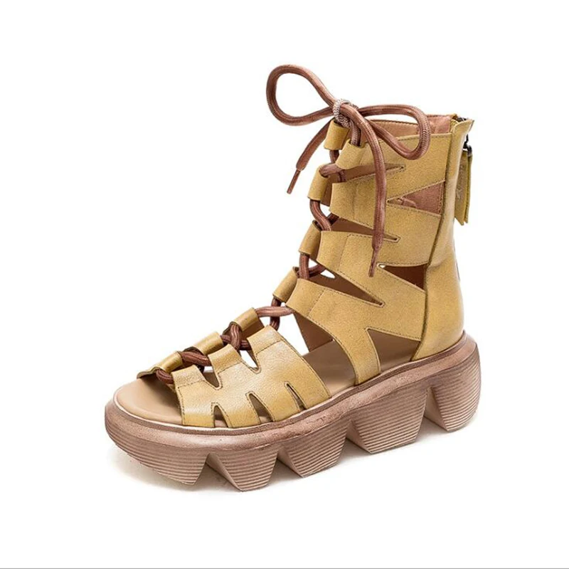 

GKTINOO Summer Boots Women Shoes 2021 New Genuine Leather Zip Open Toe Wedges Sewing Handmade Concise Ankle Platform Boots