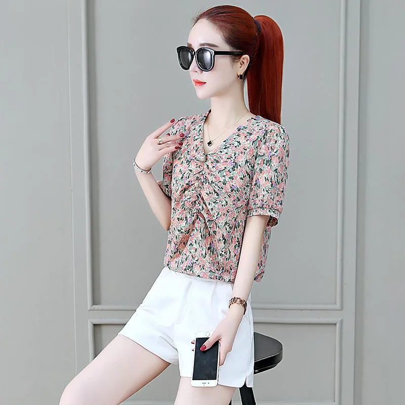

Women Spring Summer Style Chiffon Blouses Shirts Lady Casual Short Lantern Sleeve V-Neck Flower Printed Blusas Tops ZZ0542