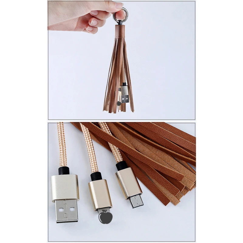USB кабель кожаный брелок с кисточкой мини USB кабель быстрое зарядное устройство металлический брелок кабель для передачи данных Шнур зарядный адаптер для Android iPhone