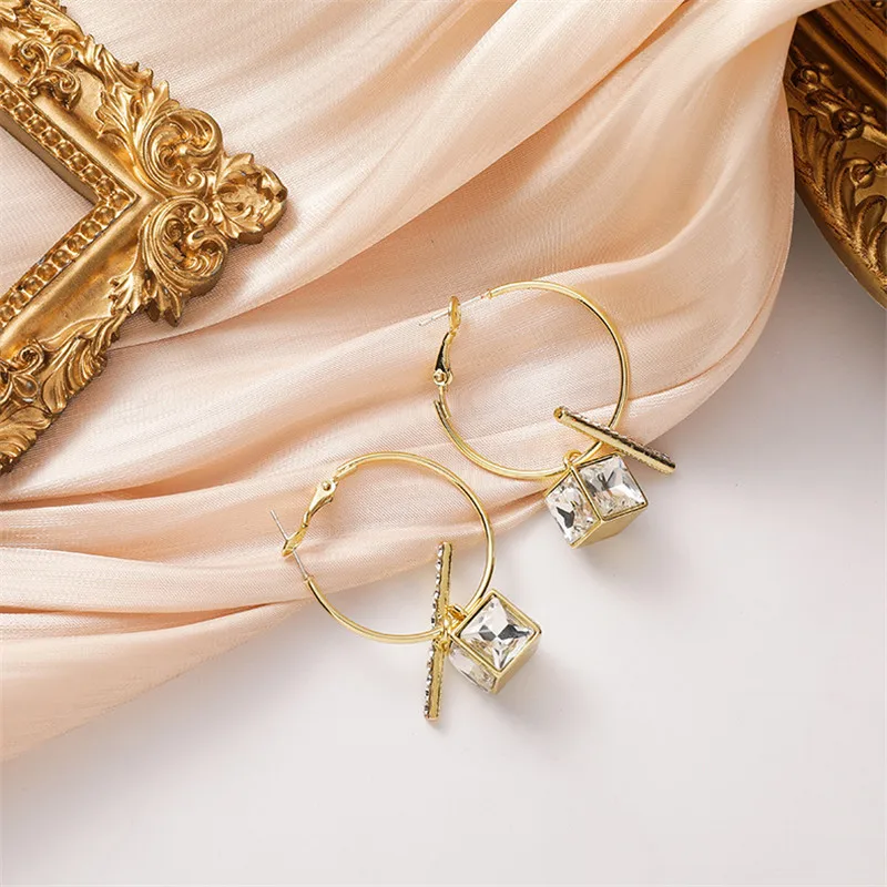 

SJAMQ-1 New Korean Shining Geometric Irregular Crystal Gold Color Hoop Earrings For Women Girls Fashion Jewelry boucle doreille