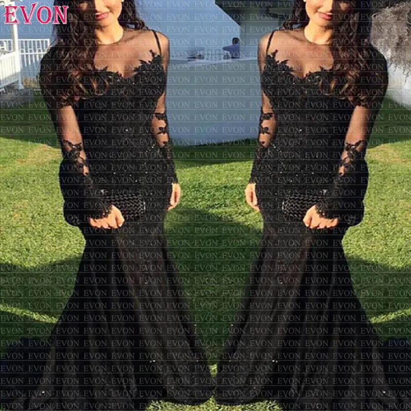 Черное вечернее платье 2019 элегантное кружевное платье-Русалка на выпускной с