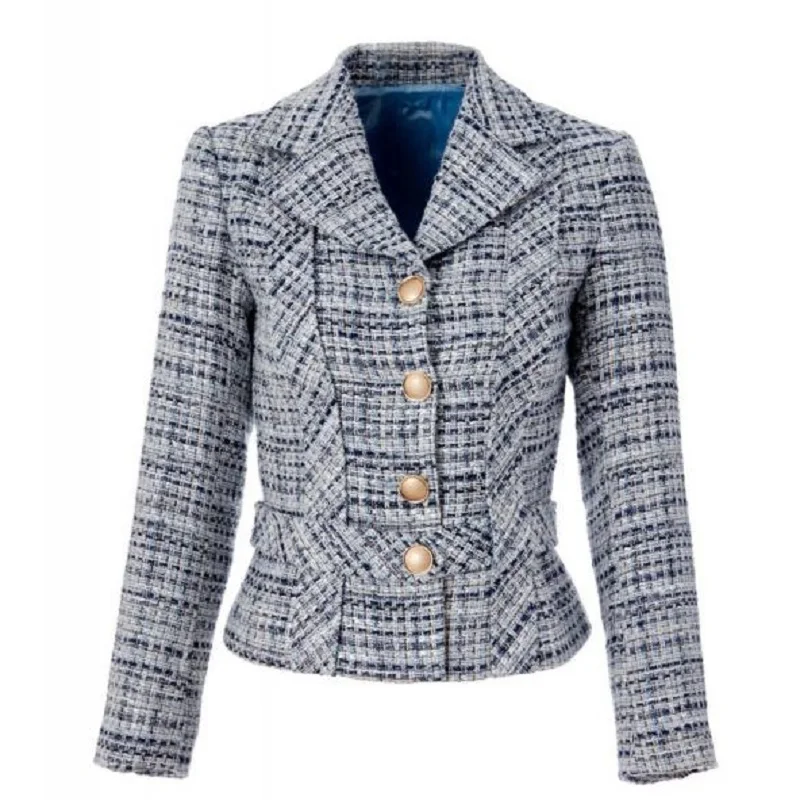 

Женский клетчатый твидовый пиджак, элегантный однобортный офисный блейзер с отложным воротником, Осень-зима 2021