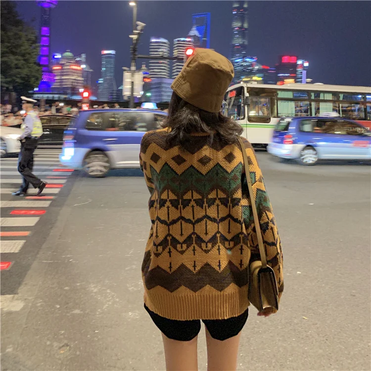 

GRUIICEEN Autumn Winter Warm Long Sleeves Knitting Sweater Jumper Argyle Pattern Vintage Pullovers Women Tops