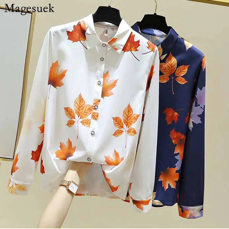 

Autumn Fashion Maple Leaf Print Long Sleeve Blouse Women Korean Style Plus Size Cardigan Chiffon Tops Lapel Shirts Blusas 11514