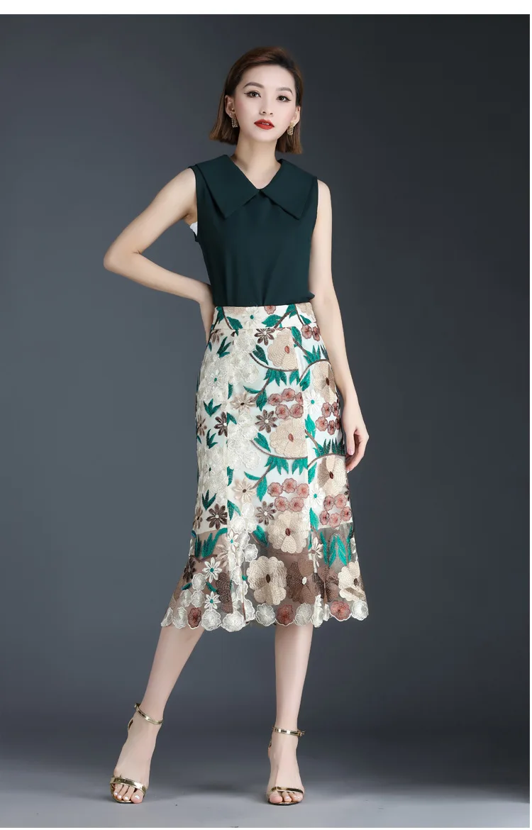 

Summer Women Elegant Fashion Embroidery Floral High Waist Skinny Fishtail Skirt Office Lady Plus Size Slim Mid-long Skirts 1658