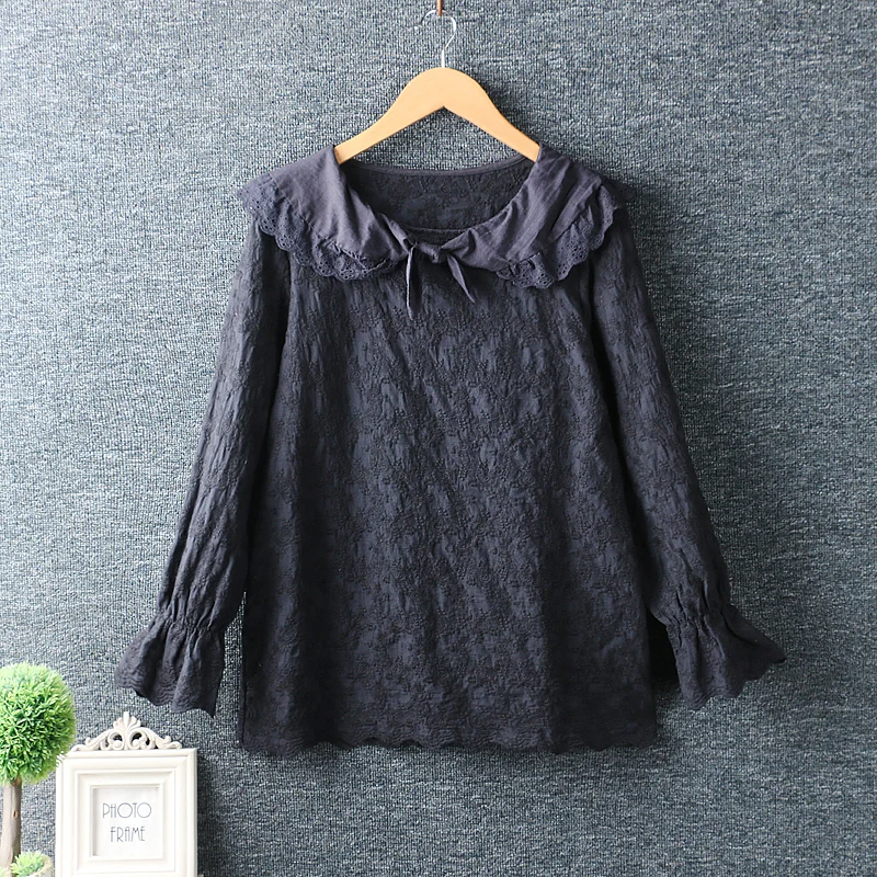 

3 colors -- Lamtrip Sweet peter pan collar bow full floral embroidery long sleeve shirt blouse 2020 autumn