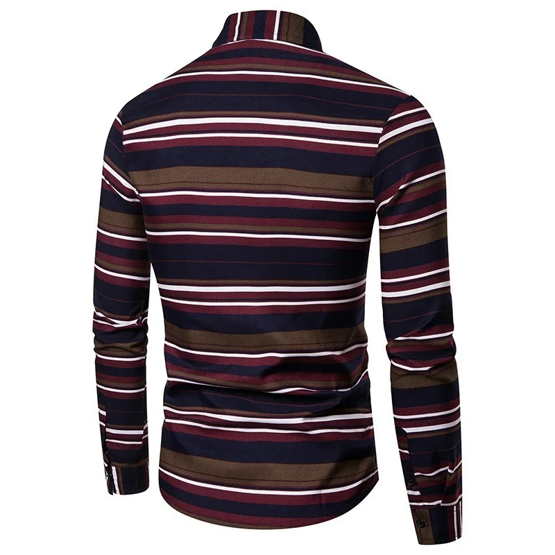 

2021 Autumn New European American Men's Casual Slim Large Size Striped Printed Lapel Long-sleeved Shirt Camisas Para Hombre