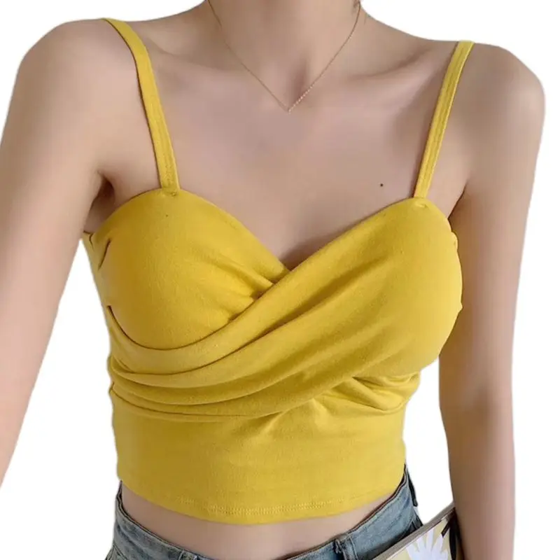 

Y166 Women Summer Twisted Front Sleeveless Crop Top Sexy V-Neck Ribbed Knitted Camisole Push Up Padded Solid Color Elastic Sling