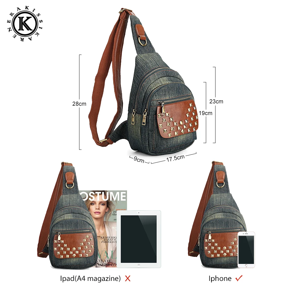 Повседневная модная нагрудная сумка с шипами вместительные прочные джинсы