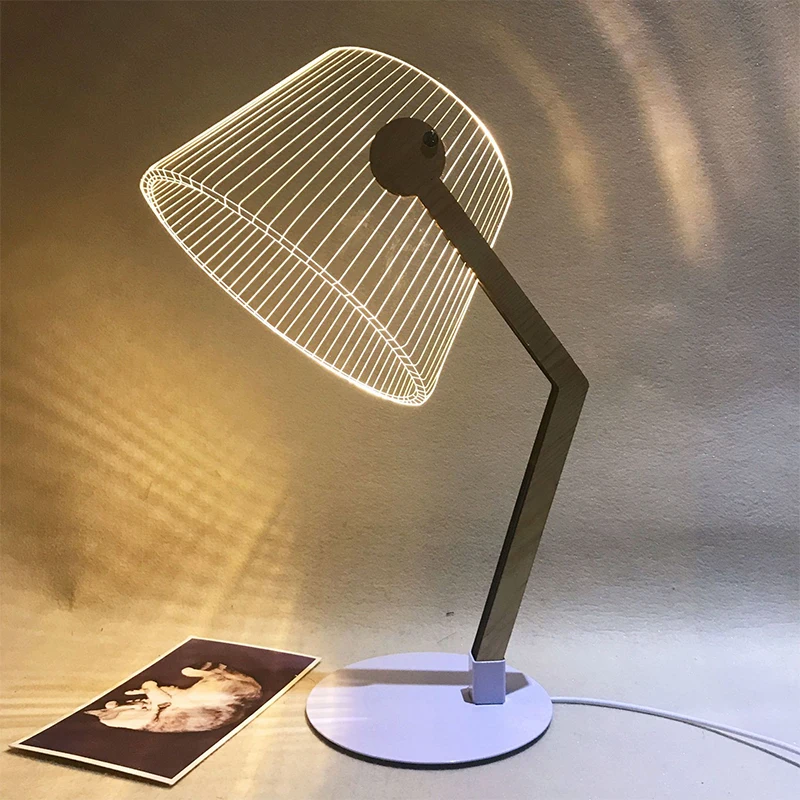 Светодиодная настольная лампа с 3D эффектом акриловый абажур деревянной