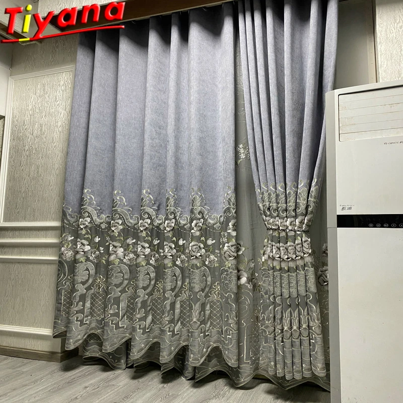 

Luxurious Flowers Hollow Out Tulle Curtains for Living Room Chinese Stile Semi-Blackout Grey Window Drapes for Bedroom #RX