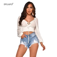 womens ladies summer sexy elegant white blouse long sleeve lace up tied slim shirt sexy club high street tops 2021