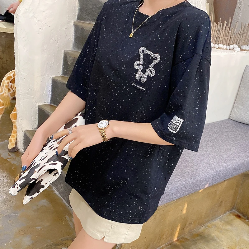 

2021 Korean Version Of The New Summer T-shirt Short-Sleeved Women's Casual Loose Loose Wild Rhinestone Printing Shirt Round Neck