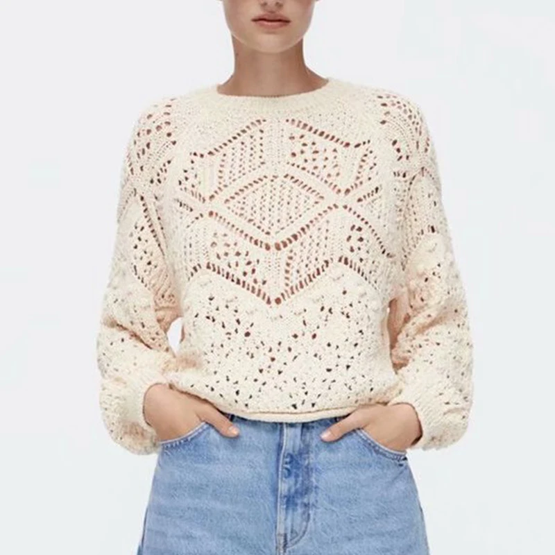 

ZA Autumn Winter Women Knitted Sweater 2021 Hollow Out Jacquard Warm Pullover O-Neck Loose Long Sleeve Casual Street Outwear
